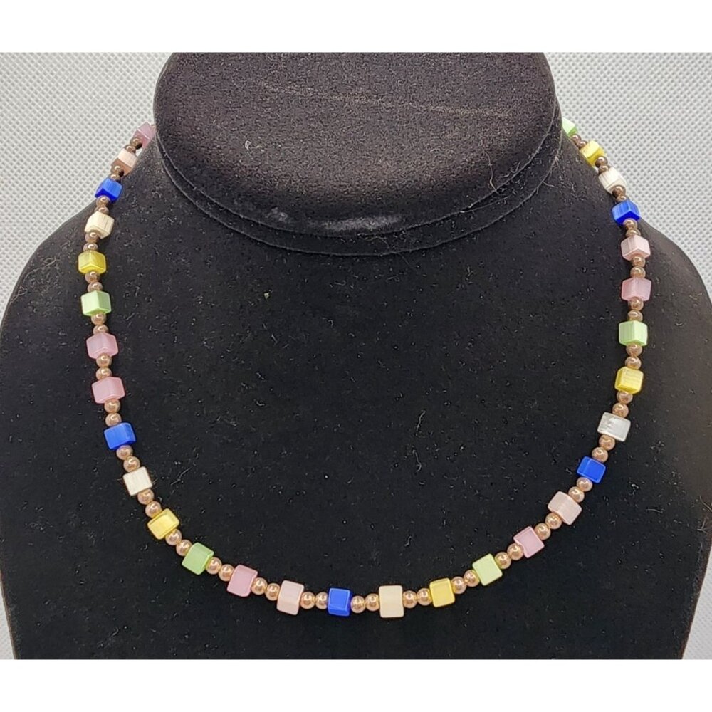 Vtg Multicolor Pastel Bead Gold Accents 925 Claw Clasp Adjustable Length 18"-21"